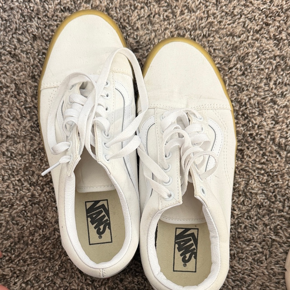 Vans Classic White Canvas Shoes with Tan Sole